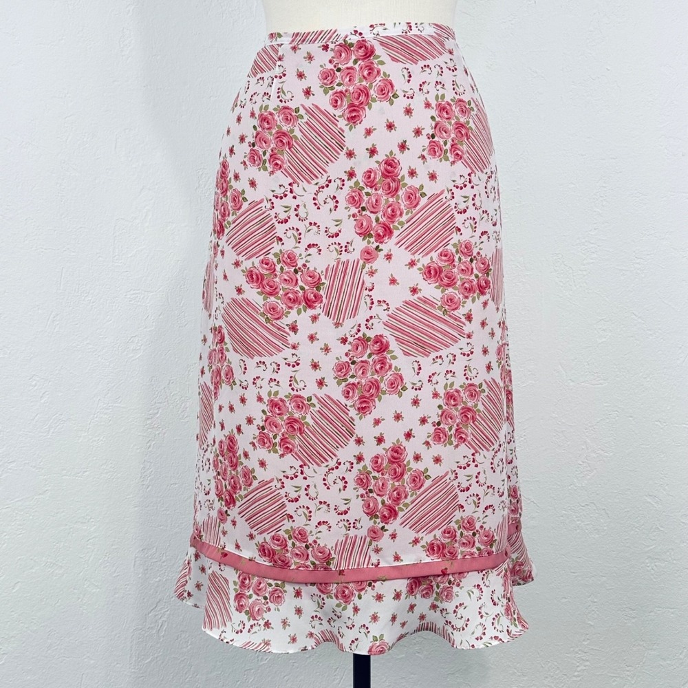 Y2K Coquette Fairy Romantic Midi Skirt Sz Small Garden Party Pink Floral Ruffle